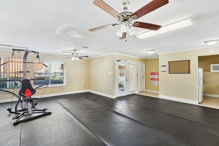 Inviting indoor space with exercise equipment, natural light, and ceiling fans, perfect for a home gym.