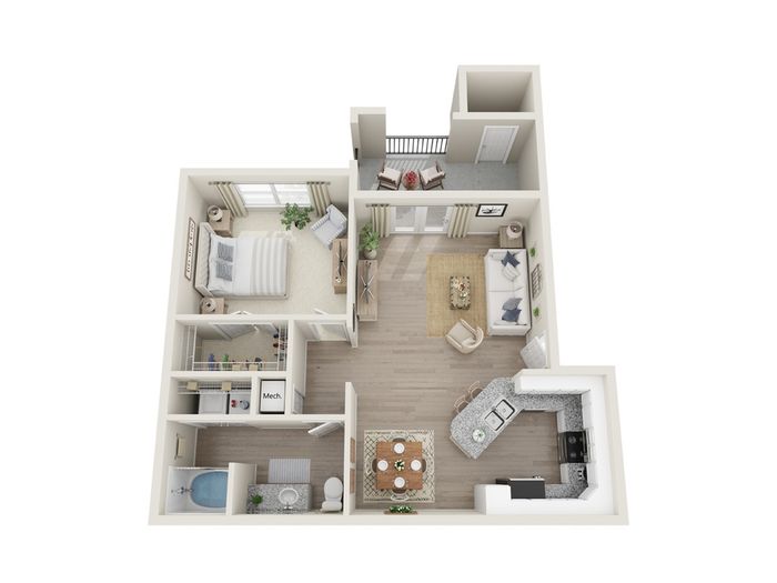 Charming 3D floor plan showcasing a single bedroom, cozy living room, modern kitchen, and private balcony.