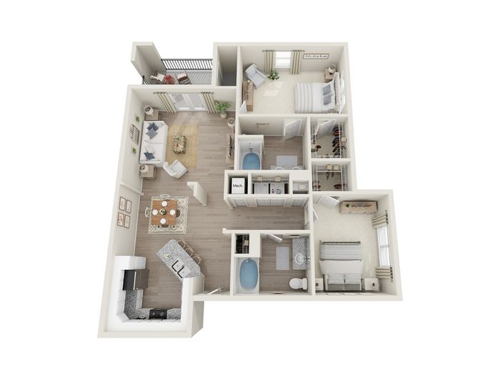 Beautiful 3D floor plan showcasing two cozy bedrooms, a stylish open living area, modern kitchen with island, and two elegant bathrooms, complete with a private balcony.
