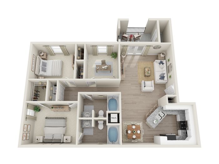 Modern 3D apartment floor plan showcasing two bedrooms, two bathrooms, a cozy living room, and an open-concept kitchen with breakfast bar, leading to a private balcony.