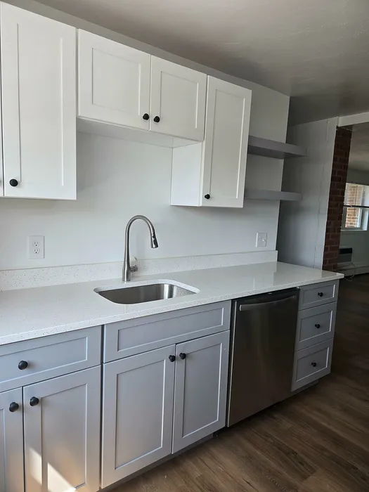 Sleek modern kitchen with stylish white cabinetry, elegant countertop, and stainless steel appliances.