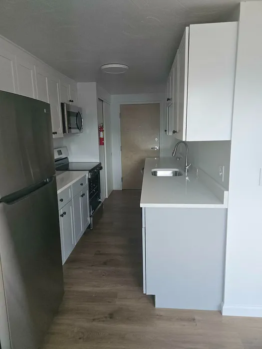 Sleek modern kitchen with stainless steel appliances, elegant white cabinetry, and hardwood flooring.