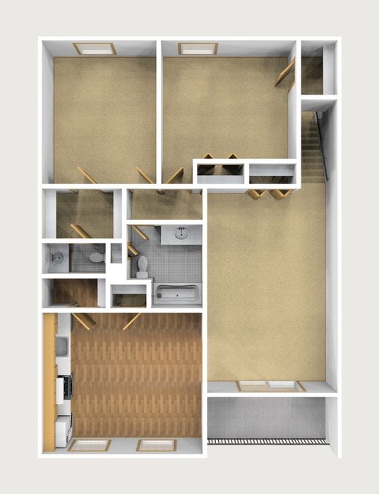 Two Bedroom Unfurnished 3D View (Upper)