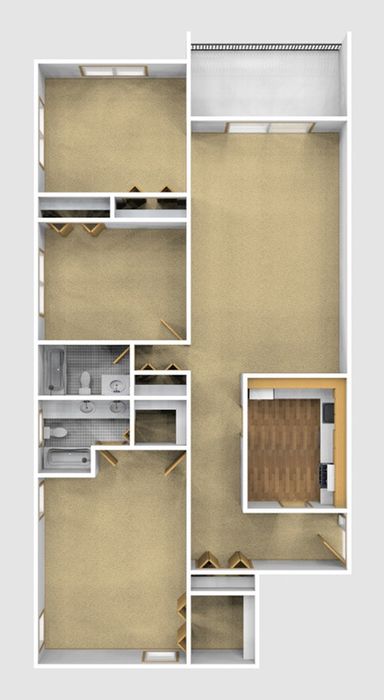Two Bedroom Unfurnished 3D View