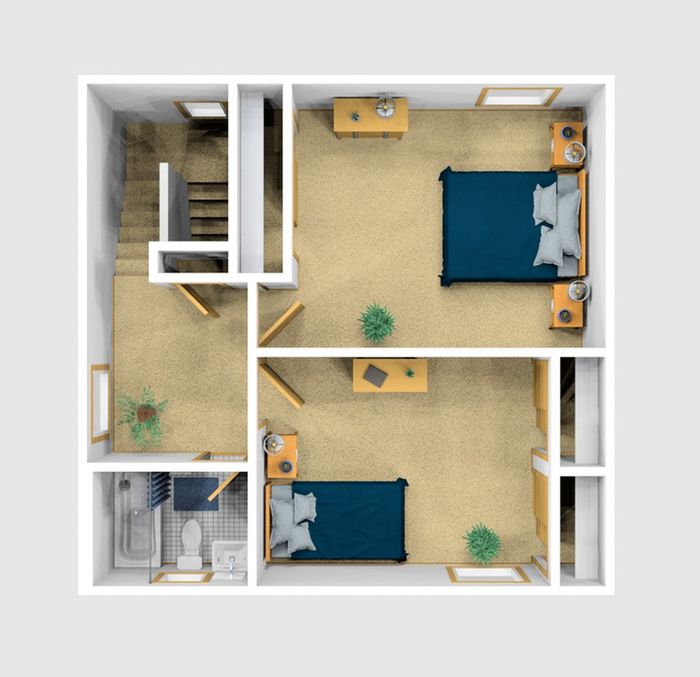 Two Bedroom Furnished 3D View (Upper Floor)