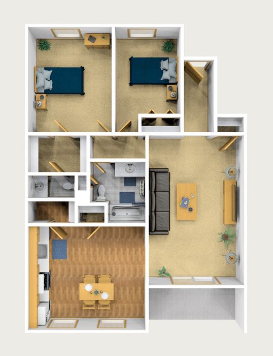 Two Bedroom Furnished 3D View (Downstairs)