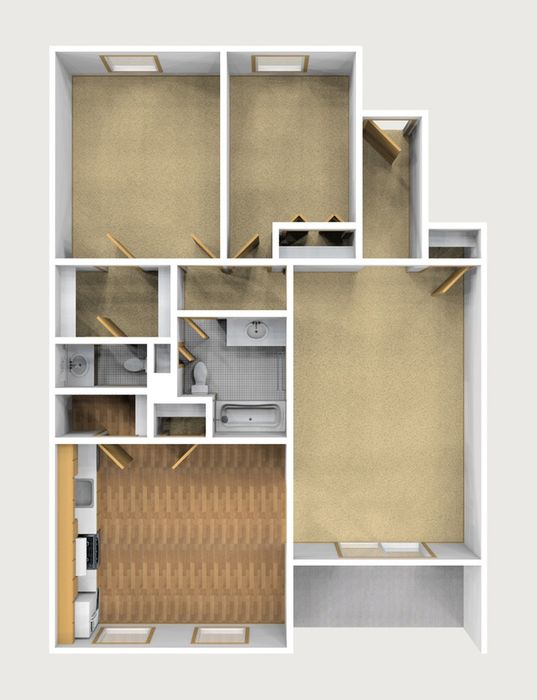 Two Bedroom Unfurnished 3D View (Downstairs)