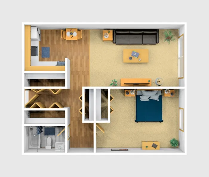One Bedroom Furnished 3D View