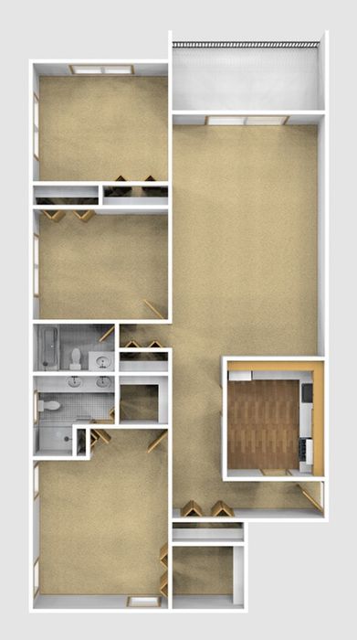 Two Bedroom Unfurnished 3D View