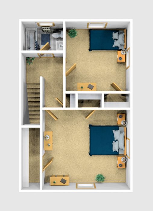 Two Bedroom Furnished 3D View (Upper Floor)