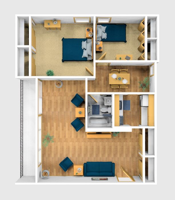 Two Bedroom Furnished 3D View