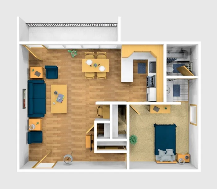 One Bedroom Furnished 3D View (A)