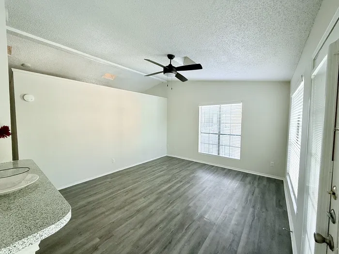 A2 apartment living room with vaulted ceiling