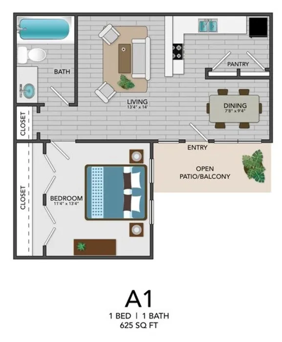 A1 - 1BD, 1BA - 625SF