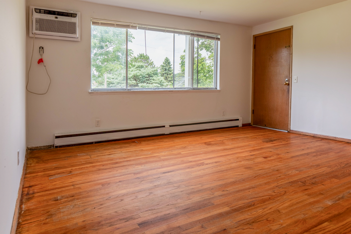 Bright and airy room with large window and elegant wooden flooring, perfect for cozy living.