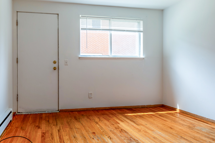 Bright and inviting room with polished hardwood floor, large window, and sunny ambiance.