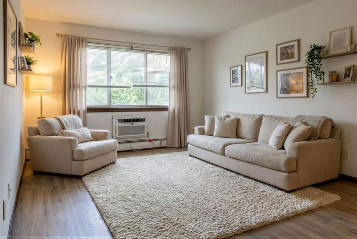 Inviting living room with plush beige sofa, cozy armchair, and soft area rug, accented by warm natural light and elegant wall decor.