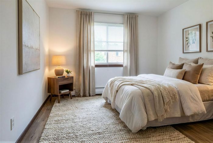 Cozy bedroom with elegant decor features a plush bed, warm lighting, and serene wall art, creating a tranquil retreat.