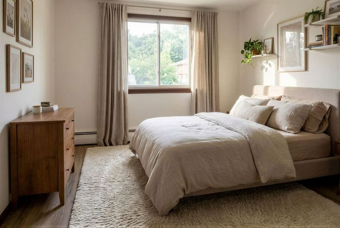 Bright, cozy bedroom featuring a large window with serene views, plush bedding, and elegant wooden furniture.