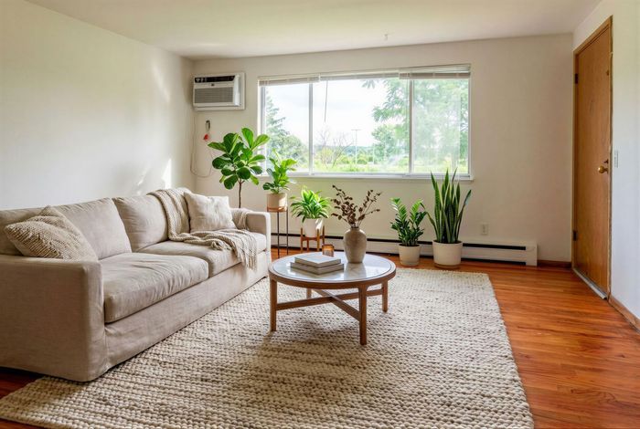 Bright and inviting living room with a cozy beige sofa, lush green plants, and a large window offering scenic outdoor views.