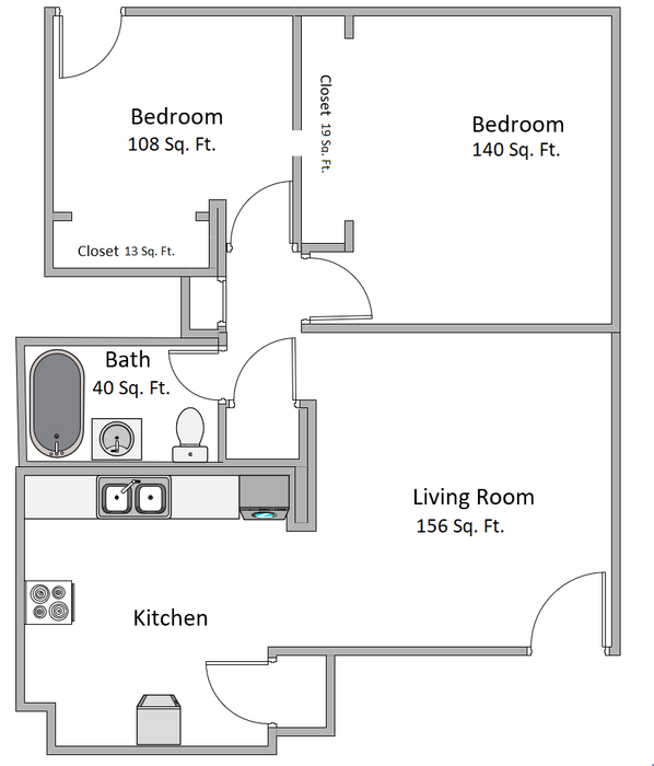 Chic floor plan displaying 2 cozy bedrooms, a spacious living room, functional kitchen, elegant bath, and ample closet spaces.