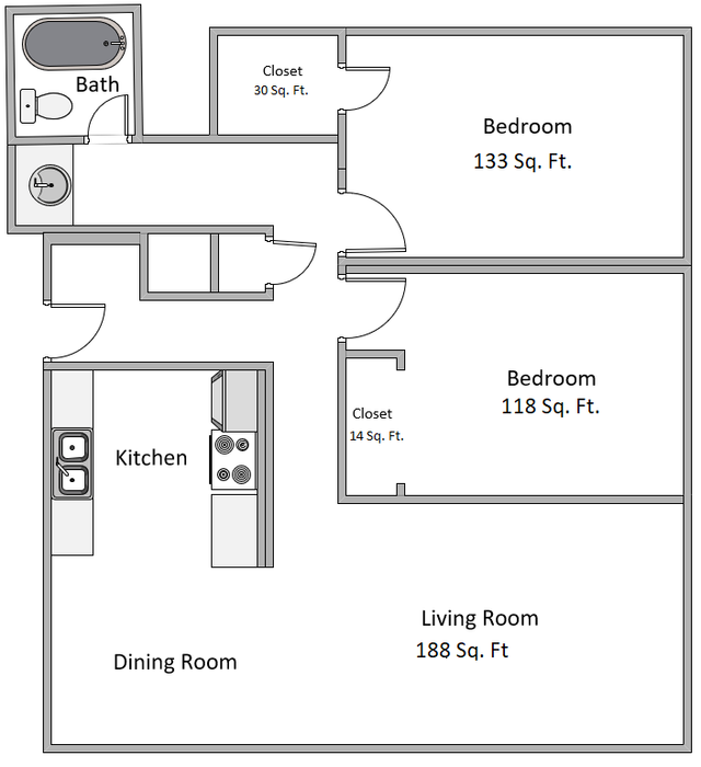 Contemporary floor plan featuring two spacious bedrooms, cozy living room, modern kitchen, and well-appointed bath.