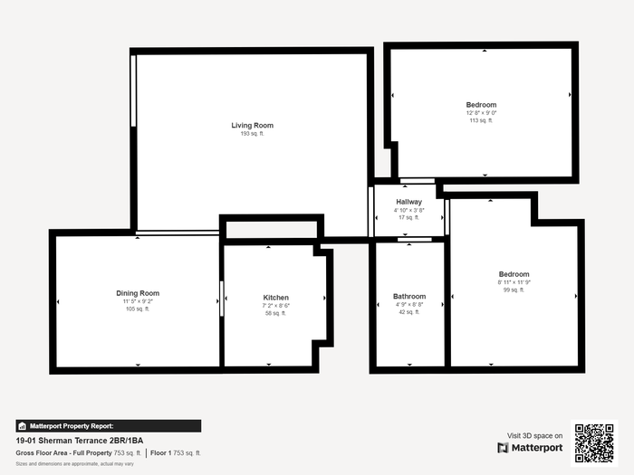 Modern floor plan of Sherman Terrace showcasing 2 bedrooms, a spacious living room, dining room, kitchen, hallway, and bathroom, covering 753 sq ft.