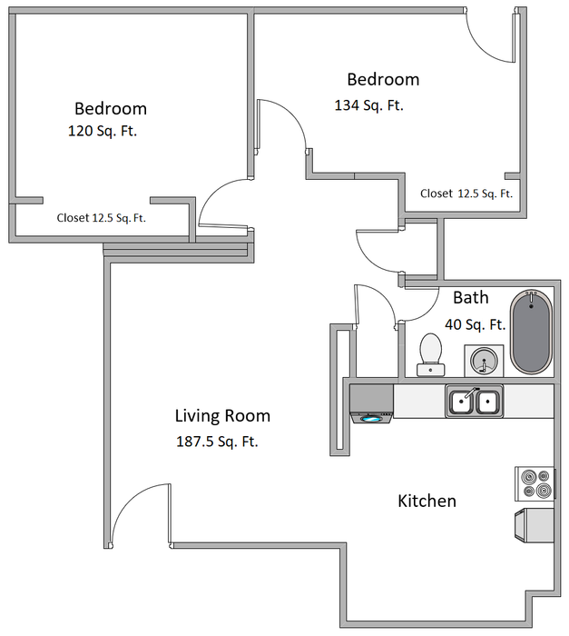 Modern 2-bedroom floor plan featuring a spacious living room, functional kitchen, and convenient bath layout for comfortable living.