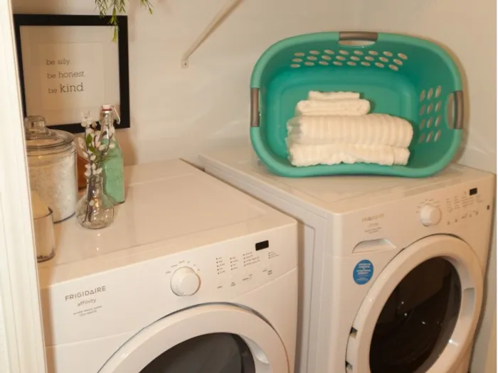 Washer & Dryer in apartment at Liv Wildwood apartments in Ludington, Michigan.