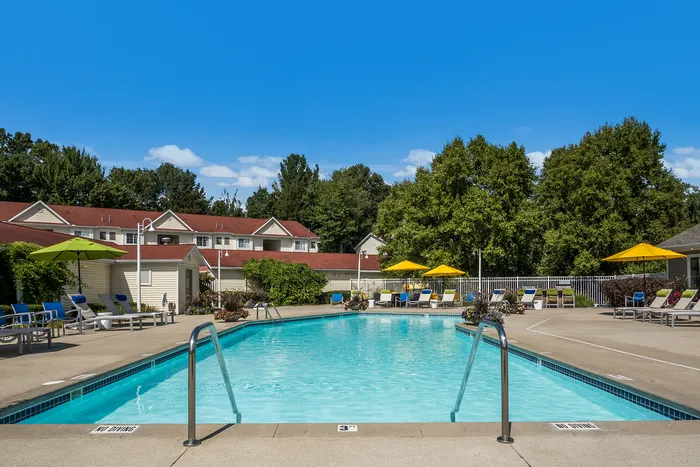 Outdoor heated pool at Liv Wildwood apartments in Ludington, Michigan.