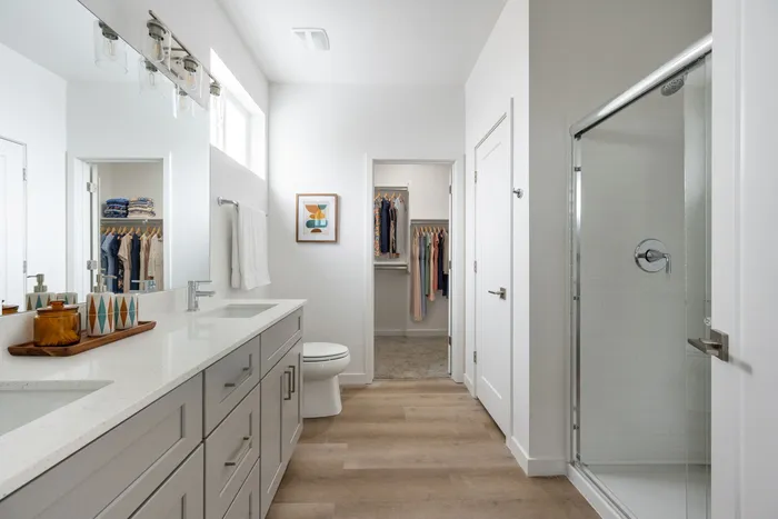 Elegant bathroom with sleek double sink vanity, spacious shower, and walk-in closet, enhanced by natural light and modern decor.