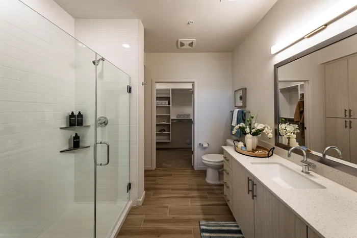 Elegant bathroom featuring a spacious glass shower, sleek vanity with a large mirror, and stylish wood flooring, creating a modern and inviting ambiance.