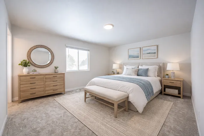 Inviting bedroom with cozy double bed, elegant wooden furniture, and ambient lighting in a serene, light-filled space.