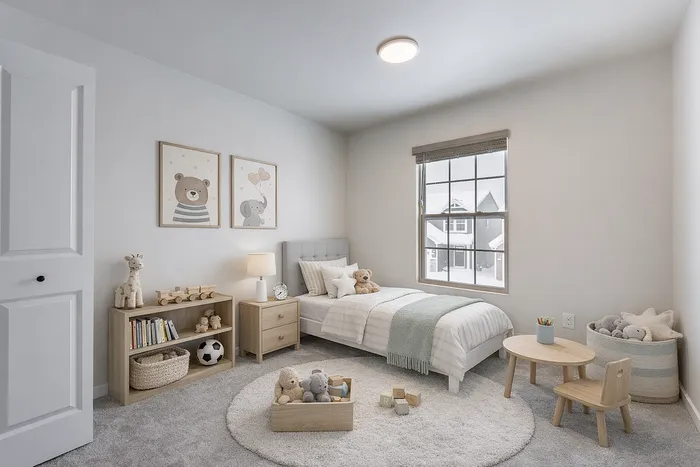 Charming children's bedroom featuring a cozy bed, playful decor, and ample natural light.