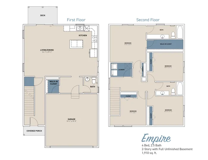 Empire floor plan showcasing a modern 2-story home with 4 bedrooms, 2.5 baths, spacious living/dining area, open kitchen, and full unfinished basement, 1,910 sq. ft.