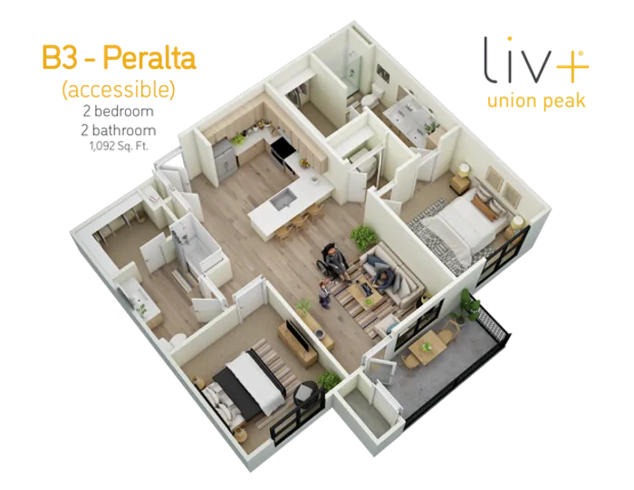 Peralta Accessible 2 Bedrooms Floor plan 3D