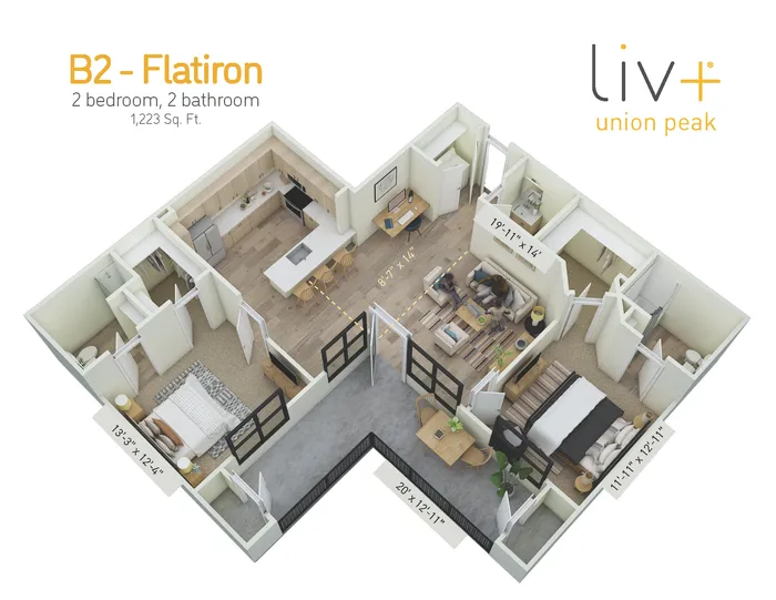 Flatiron 2 Bedrooms Floor Plan 3D