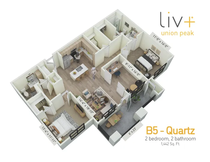 Quartz 2 Bedrooms Floor Plan 3D