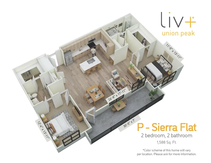 Sierra Flat 2 Bedrooms Floor Plan 3D