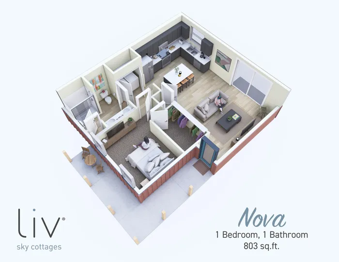 Elegant 3D floor plan of Nova model featuring 1 bedroom, 1 bathroom, open living area, and modern kitchen, covering 803 sq. ft.