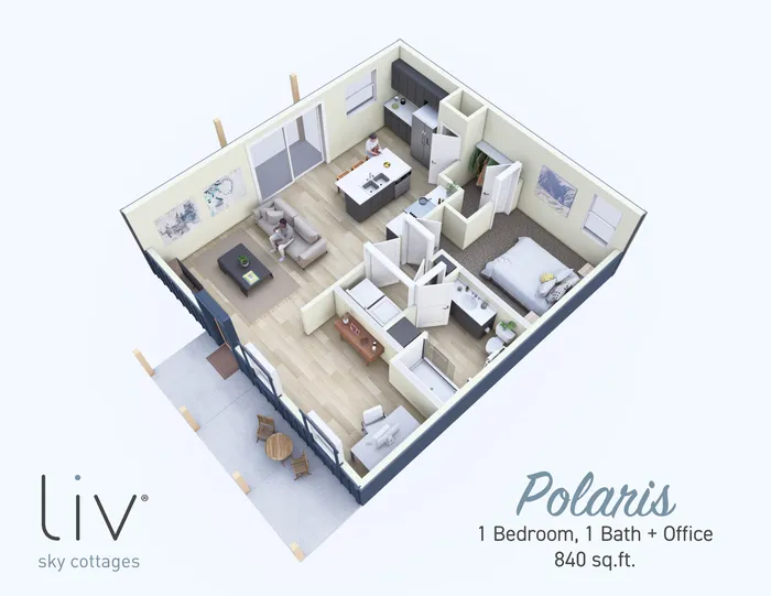 Polaris floor plan depicting a modern 1 bedroom, 1 bath apartment with an office; features an open-concept living area, stylish kitchen, and inviting balcony, totaling 840 sq.ft.
