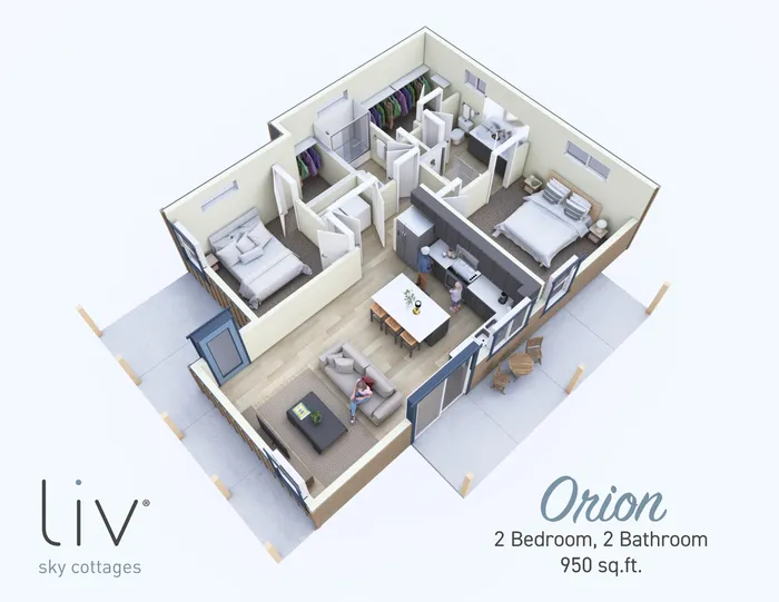 Sophisticated floor plan named Orion boasting 2 bedrooms and 2 bathrooms within 950 sq. ft., featuring an open kitchen and cozy living area.