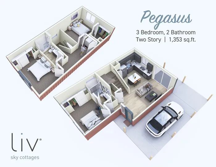 Pegasus 3D floor plan showcasing a stylish two-story layout with 3 bedrooms and 2 bathrooms, featuring a modern open-concept living area and kitchen, totaling 1,353 sq. ft.