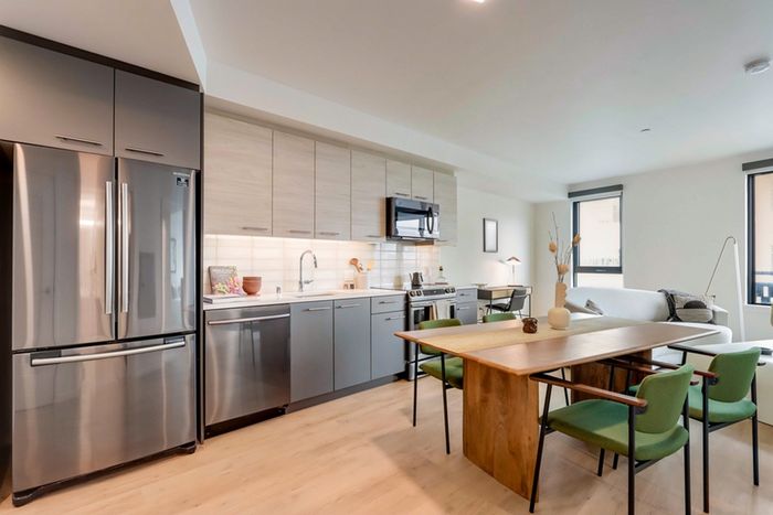 Apartments for Rent in Oakland, CA - Channel House Kitchen with stainless steel appliances, and modern wood cabinets