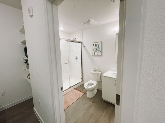 Colfax style unit bathroom with vanity and walk-in shower