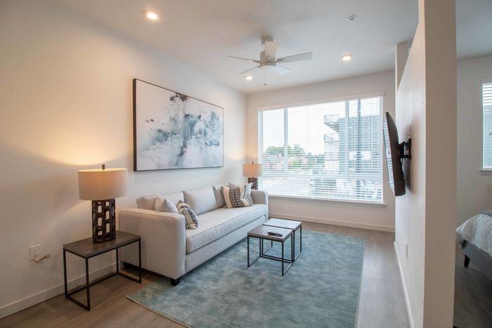 Living room with one TV next to large window