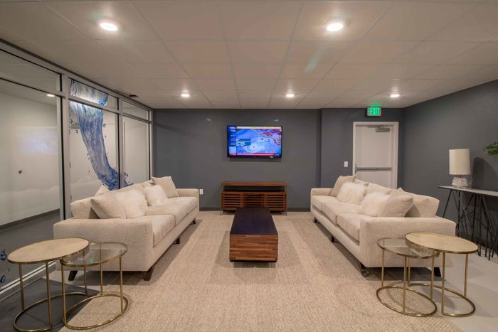 Lounge space with two couches and one TV
