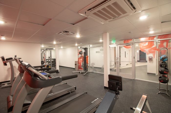 Fitness center with multiple workout machines and free weights