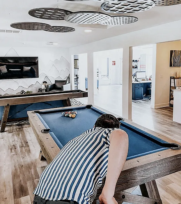 Modern game room with a stylish pool table and contemporary decor.