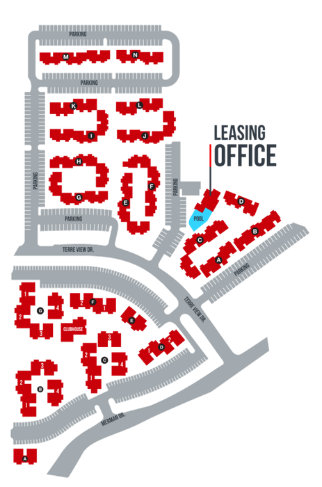 Detailed community layout showcasing apartment buildings, parking areas, and a central pool.